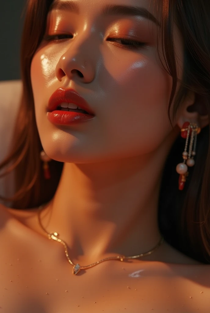 extreme close-up of beautiful Korean female, 38 inch breasts size, wearing pink tank top, necklace , holding lantern, in the darkness room, UHD, caramel hair