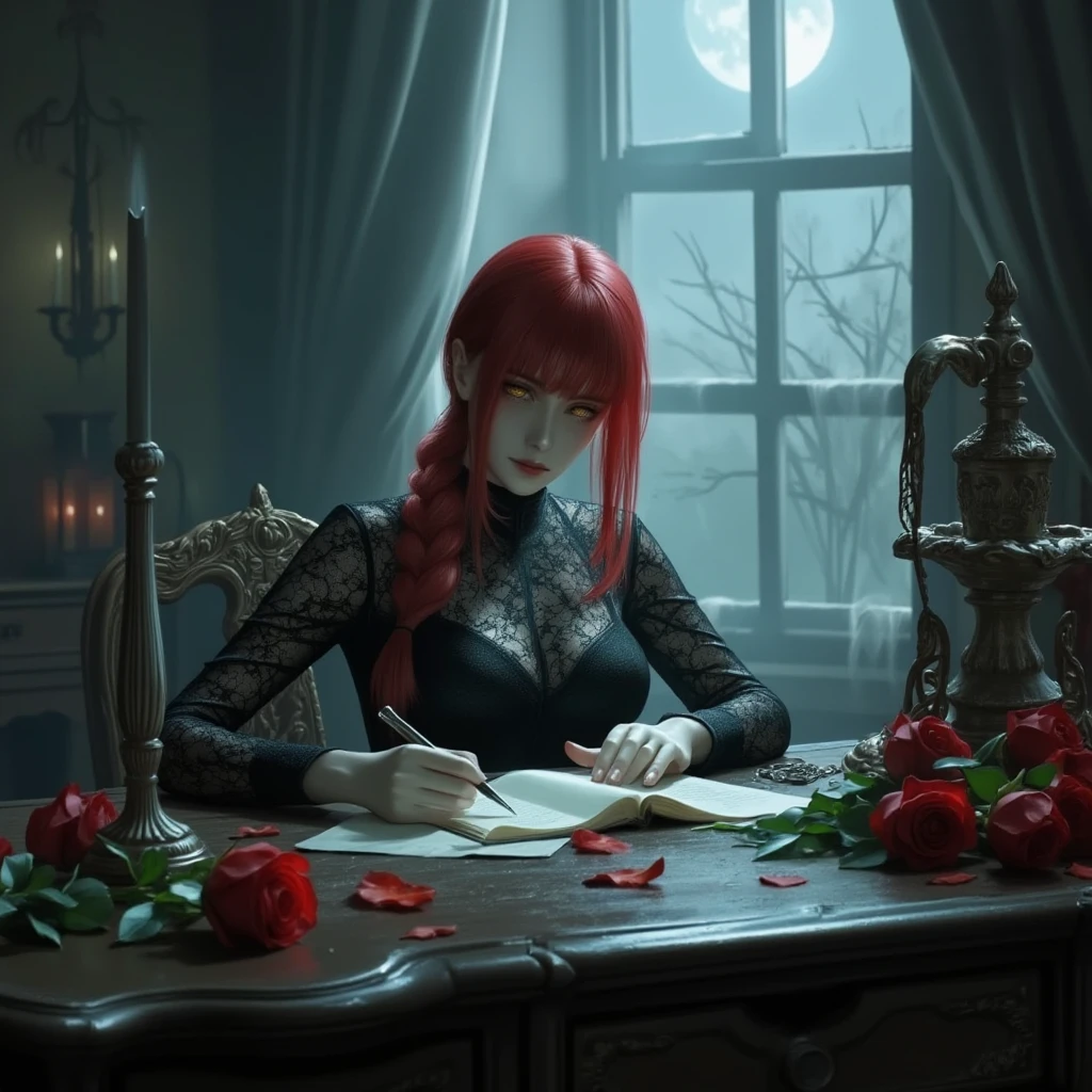 RAW professional photograph of the absolute reigning goth punk goddess Queen of witches. Masterpiece. 8k artstation. Perfect facial and body anatomy proportions. She has a pretty Irish face and slim athletic body. Wise expression. Wide athletic hips. and long braided red hair. She is covered with occult tattoos. and lots of jewelry.  and flowers in her hair.  She wears an off shoulder Gothic dress that is regal and elegant and suggestive. Wearing a pretty circler in her hair. Stockings. Incredible detail to clothing texture and pattern. Setting: a deceadnt mansion study with a large chair. Surrounded by books and glowing potions and candles. She reads an ancient book and dazzling balls of lights and colors surround her. Fireflies. Autumn. Big window. Blurry background, colorful, bokeh effect, god rays, dynamic pose, raytracing, backlight, subsurface scattering, closeup