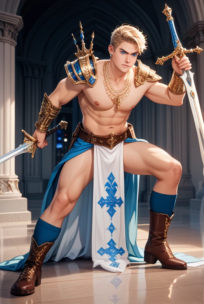 score_9, score_8_up, score_8,  (((Single character image.))) (((1boy))) (((Dressed in medieval fantasy attire.)))   (((This male character is sexy and virile.))) Generate a powerful male warrior for a fantasy setting.  Defined abs.  Pecs focus.  Sexy tattoos.  He should look the part of a powerful, sexy hero who is an epic and powerful fantasy character.  The background to the image is a dark and erotic dungeon.