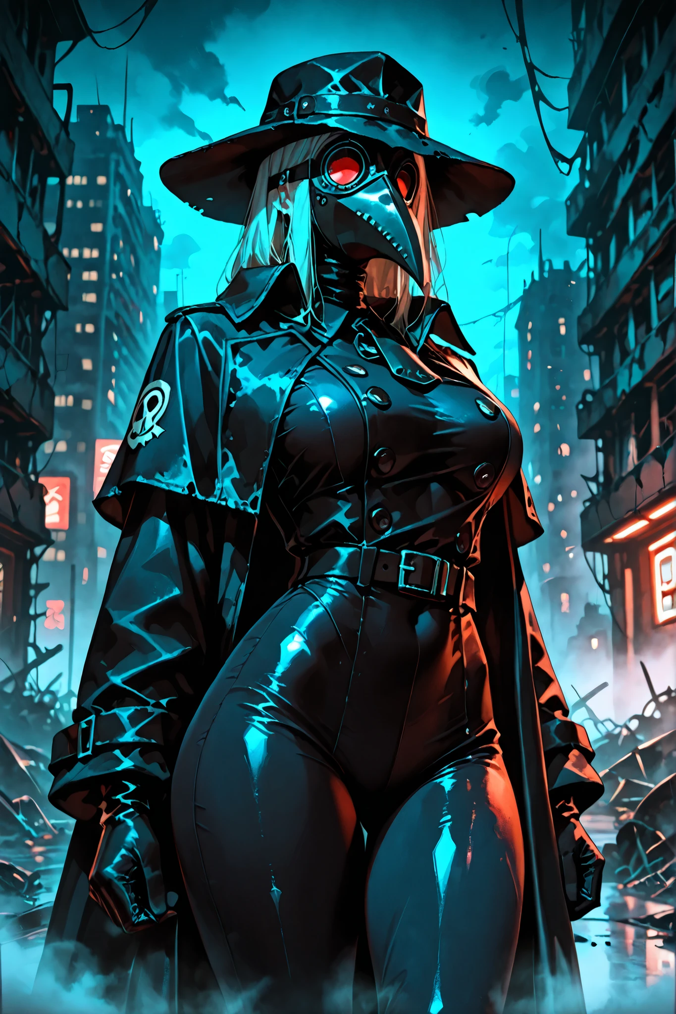 uma mulher, 8k, plague doctor, ao fundo cidade cyberpunk a noite, alta resolução, obra-prima, melhor qualidade, pele finamente detalhada, Seios enormes, pernas muito musculosas