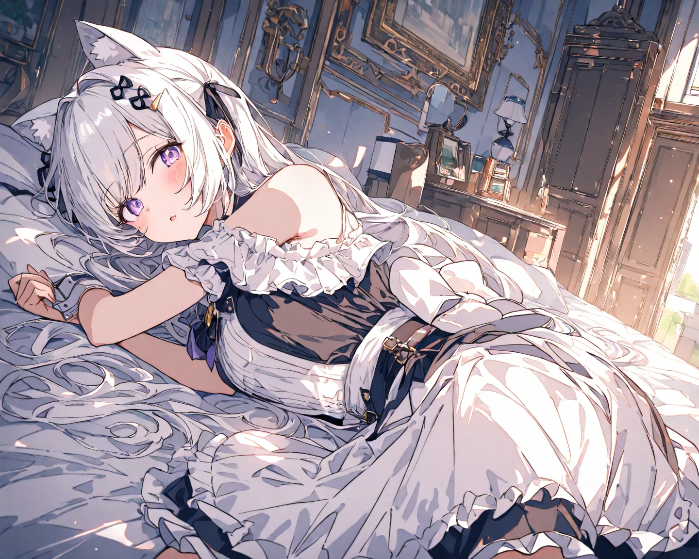 White Gothic dress、Black Onyx、、s girl、bare-legged、Silver Hair Bob Cut、Orange Gold Eye、Fantasia、White Gothic dress、I don't wear underneath、Black Diamond、peridot、Ametrine、Golden Sapphire、Shoulder out、Armpits are visible、From the top、Show your feet to your audience, Big buttocks,Big thighs、 (Presentation of the legs), From the top ,1girl in, Solo, Medium chest, Side hair ribbon, Sleeveless, sole of feet、Shy laughter、Mole under the eyes、Sleeping in bed pose、Five-fingered、2 arms、2 legs、