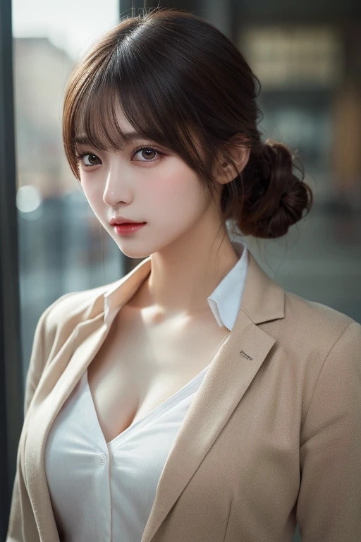 masutepiece, Best Quality, Illustration, Ultra-detailed, finely detail, hight resolution, 8K Wallpaper, Perfect dynamic composition, Beautiful detailed eyes, Natural Lip,Blazer ,School uniform, cleavage, Full body, 大きな胸,