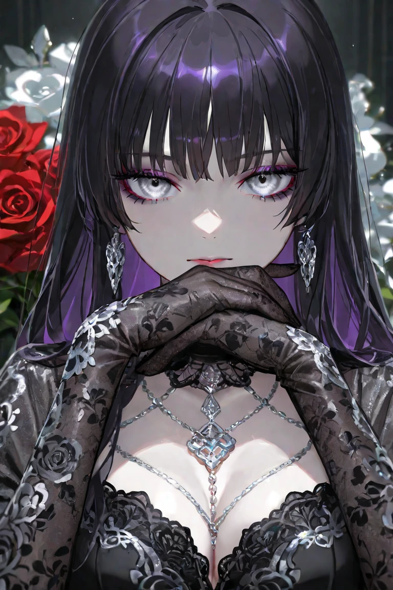 ((8k resolution))、((highest quality))、((masterpiece))、((Very detailed))((((dramatic))), (Anatomically correct)、The depth of the object being written、Bewitching Woman、Blindfold、lipstick、Sludge spewing from the mouth、hair:blue、Long Wave、Chained to the monolith、Pale skin、Completely naked、Bloody、spooky、an  ominous、grace、background:Space、Red petals
