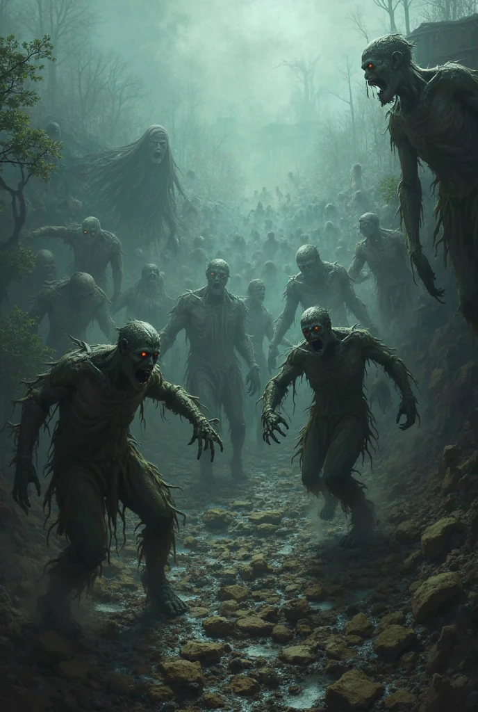 DC character Swamp Thing (vines, flowers, powerful human form) is in battle with a horde of Zombies. broken zombie parts flying. horror comic. night forest