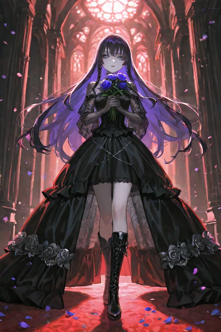 Princess Ivy FE,  hair between eyes, ahoge, blonde hair, star \(symbol\), hair ornament, ruffled tulle dress, cleavage, bare shoulders, collarbone, long black elbow gloves, black gloves, black dress, black choker, strapless, tiara, veil, strapless dress, princess dress, veil, beautiful woman, perfect body, perfect breasts, wearing a princess dress, ball gown, in the park trees, wedding decorations, a warm smile, realism, masterpiece, textured skin, super detail, high detail, high quality, best quality, 1080p, 16k, purple hair