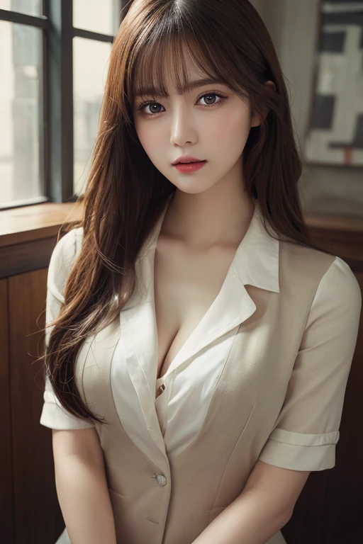 Ultra High Definition, Superior Quality, Premier Quality, ultra detailed, Photorealistic, 8k, RAW Photos, highest quality, masterpiece, Attractive Woman, Stunning Lady, Brown Hair, school uniform, Mesh Hair, Japanese Idol, Sophisticated, Stylish, Casual