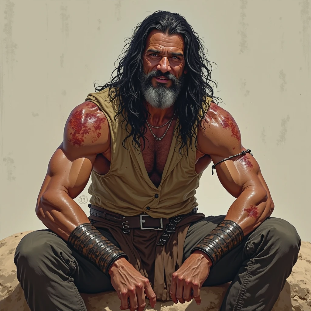 a man dressed in a costume with a sword , solo, long hair, black hair, 1boy, weapon, male focus, colored skin, facial hair, polearm, spear , Street_Tones