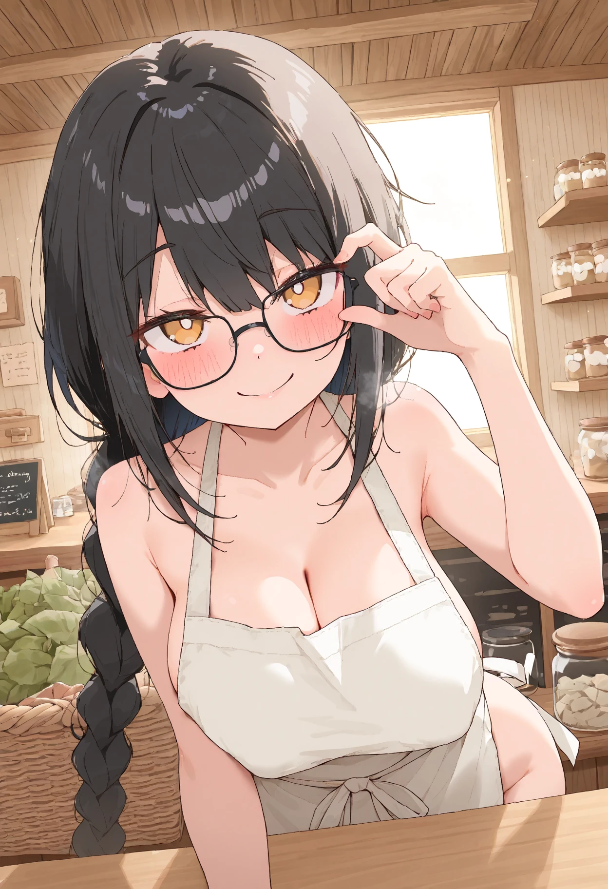 masterpiece,Highest quality,Super quality,Researcher,Getting naked for a science experiment,Laboratory,Nipples,Dark hair color,Glasses,pubic hair,Smile,Stay calm,Eccentric,Slender,Poor body,Messy Hair,Unhealthy