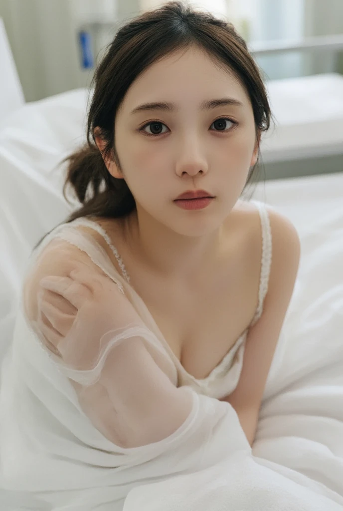 Low angle shot of a Japanese woman's breasts