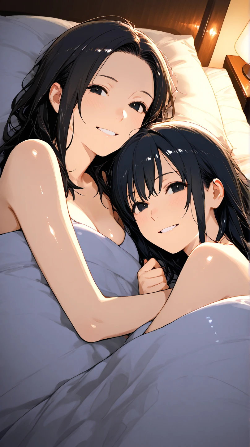 Two women. momo yaoyorozu, naked, lying on the bed, medium breasts, small nipples. Nejire Hado, naked, lying on the bed, medium breasts, small nipples, kissing Momo, bedroom, evening