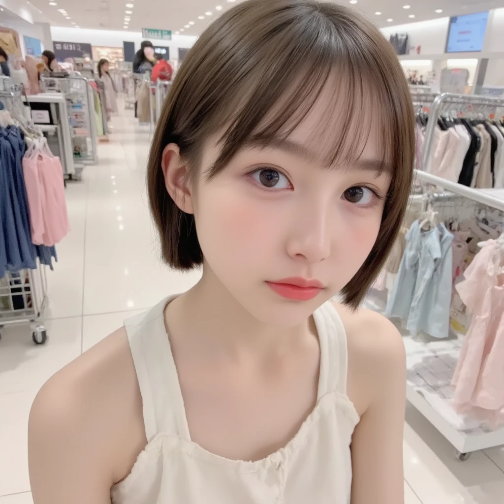 ((top-quality))、(masterpiece:1.4)、Raw photography、8K、((Top image quality))、 ((hight resolution))、Beautiful face in every detail、realisiticな人の肌、Gentle expression、(One lady:1.3 )、realisitic、(rather short hair:1.4)、(Beautuful Women)、(cute Japanese girls:1.3)、(boyish:1.3)、((mannish))、((Pretty Woman))、(Beautiful hair)、((dark brown hair))、With bangs、(((Red cheeks)))、(Her eyes are big:1.3)、20-year-old beauty、(her face is small:1.3)、small head、(long neck:1.3)、(oversized clothes:1.3)、Moe Sleeve、a necklace、Shoulders are protruding、smil、fashion modell、Fashion Magazine Model、Charismatic model、young women admire her、(Hair styling:1.4)、