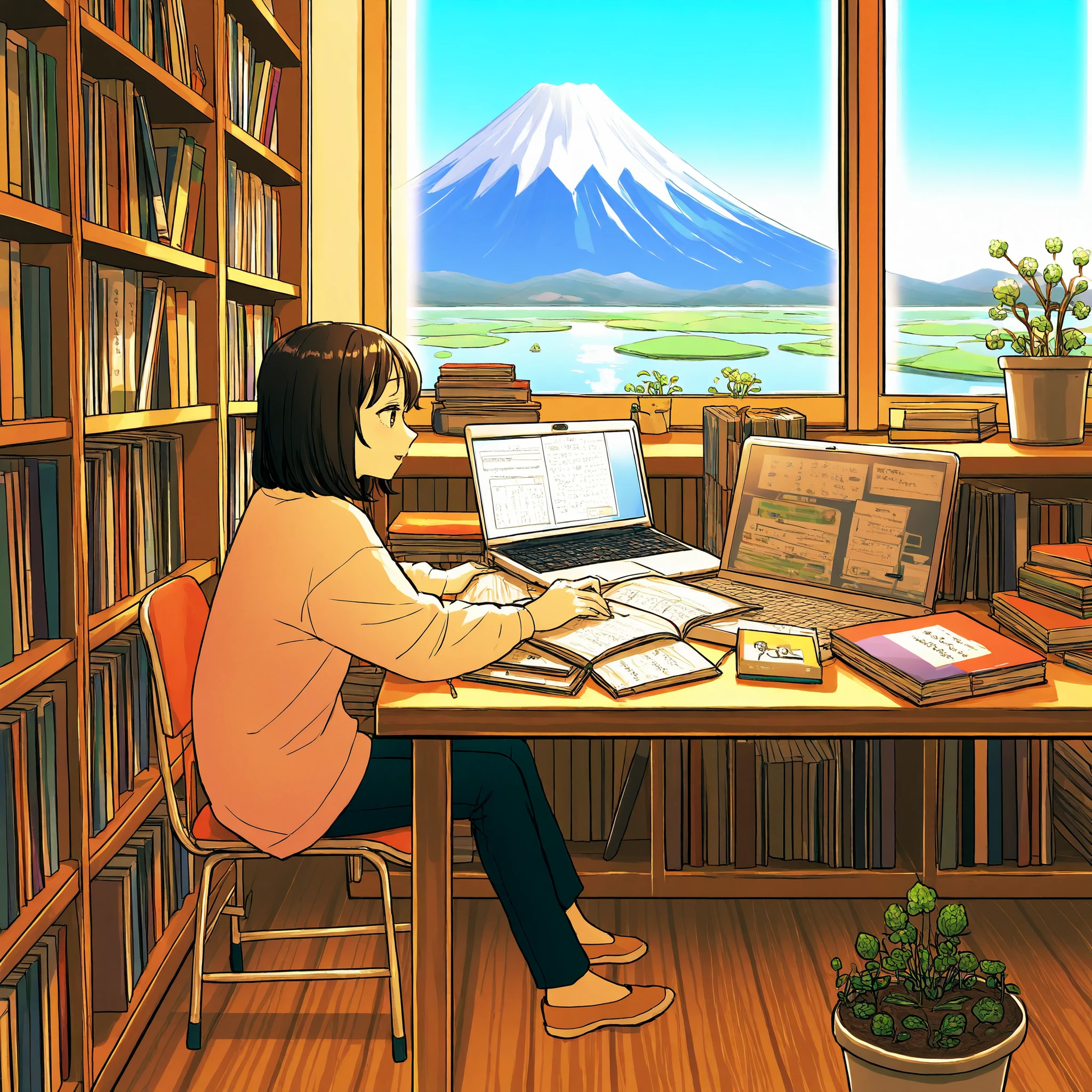 A woman is working in her room, She's opening her notebook, laptop, Some materials. and she's focused on writing or typing. Outside the window is a lake、On the bookshelf、 full of books , small plants in the background . The scene is peaceful and eager to study、Mt. Fuji、