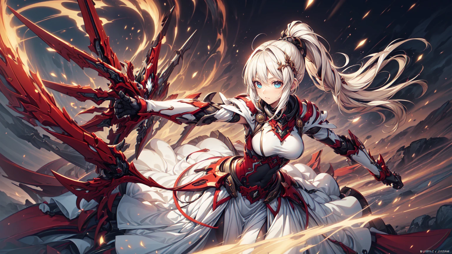 ((((SPEAR)))), ((Lightning Power)), ((Electricity)), ((Fire Background)), ((Lightning Storm)), ((Power Erupting)),(((android 21))), (((white Coat))), (((Busty))), luxury bustier corset, ((silver hair)), (((Very slim waist))), propotional body, ((Gorgeous)), (((gold wings))), masterpiece, hyperdetail, ambient effect, digital effect, (((FIRE SWORD)), (((Lightning Sword))), (((Fire Gold Armor))), (((Lightning Gold Wings))), ((Fire Demon Horns)) ,((((Golden Spear))))