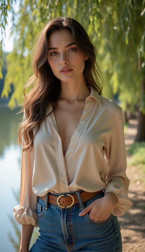 Sexy woman wearing only a wet thin see through white shirt