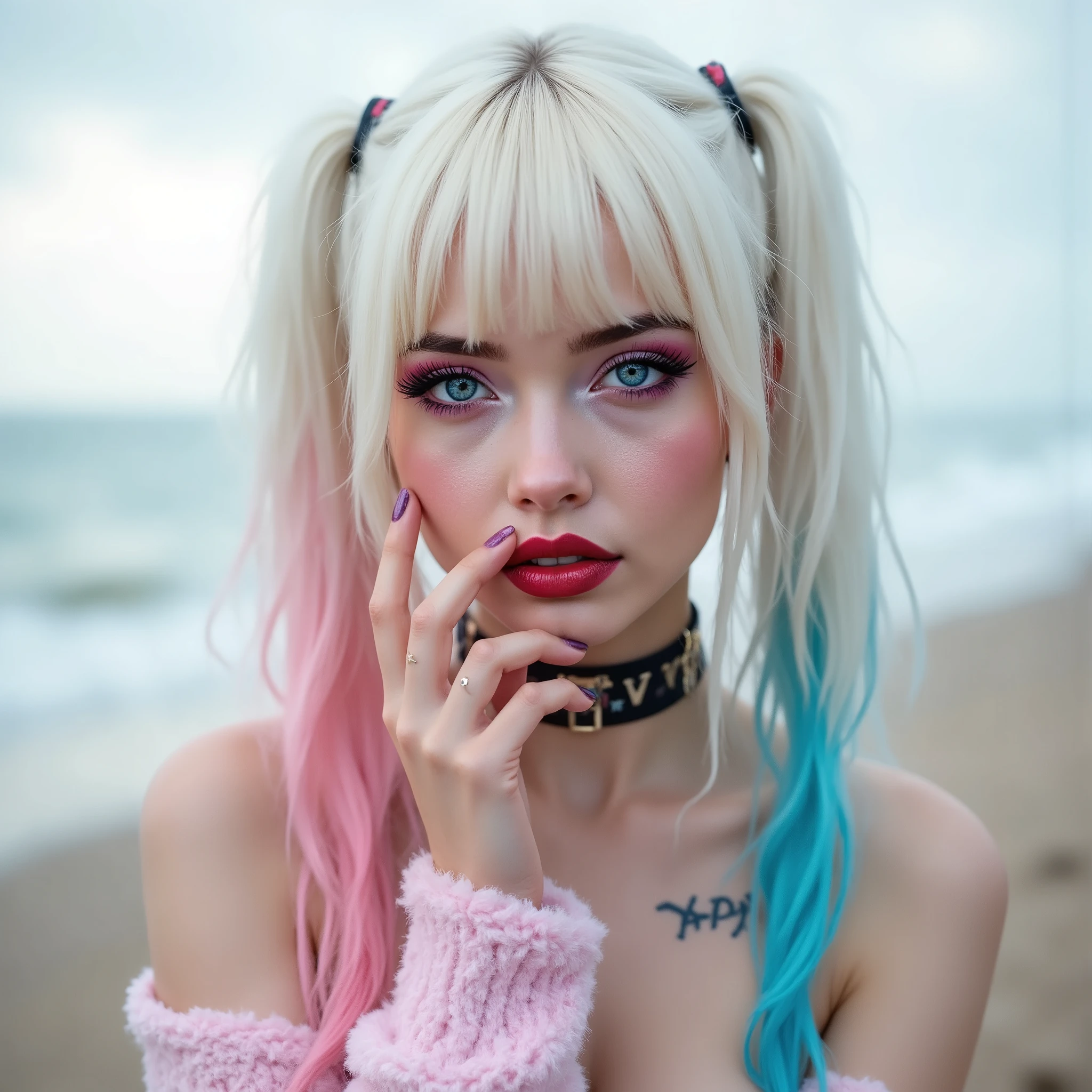 Harley Quinn. This is a highly detailed, full body photograph of a young woman with a fair complexion. She has a long haircut with a strikingly white, platinum blonde color, giving her a modern, edgy look. Her hair is straight and neatly cut, with a fringe that frames her face and two long ponytails pink and blue. She has piercing blue eyes accentuated with dramatic, bold pink and blue eyeshadow that extends to her temples, complemented by long, thick lashes. Her eyebrows are well-defined, and she wears a dark red lipstick that complements her overall makeup look.
The woman's expression is neutral, with slightly parted lips, suggesting a calm and composed demeanor. She is gently touching her face with one hand, with her fingers resting lightly on her cheek, adding a delicate touch to the image. She is wearing a soft, pastel pink sweater with a fuzzy texture, which contrasts gently with her smooth skin.
The background is a beach but the focus remains entirely on her face. The lighting is soft but bright, highlighting her features and giving the photograph a professional, high-fashion feel. The overall composition and styling suggest a contemporary, full body view, young girl, 20 Years old, pale skin, slender body , cute face , fully naked, bangs hair style, goth makeup, sexy body , medium ,shaved pussy, adorable