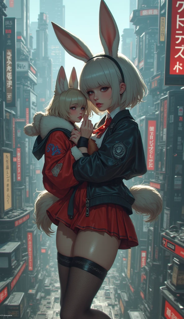 1girl, mature woman, dark skin, yakuza girl, open jacket, small breasts, abs, sunglasses, wolf ears, wolf tail, jacket, yellow eyes, grey hair, city, (2heads:1.3), absurdres, high quality, masterpiece, beautiful background, arms crossed, dynamic pose, beautiful face, (diaper:1.3), 