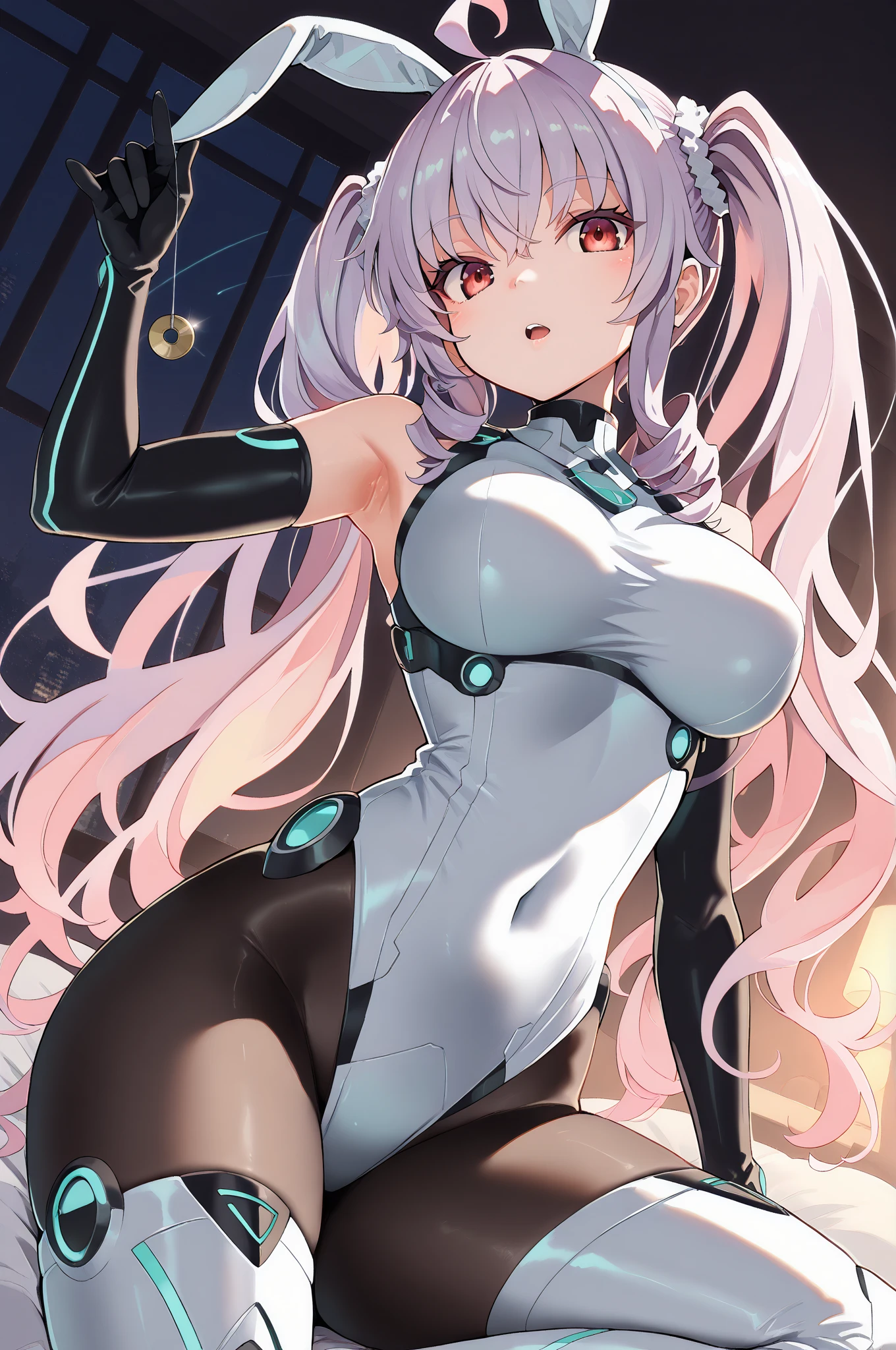 origin, 1girl huge large breasts, solo, breasts, high leotard,Waving, Long hair, looking at viewer, Smile, covered navel