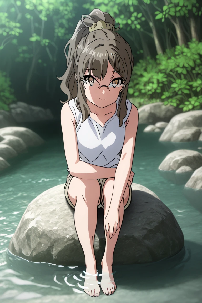 hiiragiutena, short hair, black hair, ahoge, yellow eyes, swimsuit, sad, sitting, forest, river <lora:hiiragi_utena-000003:1>