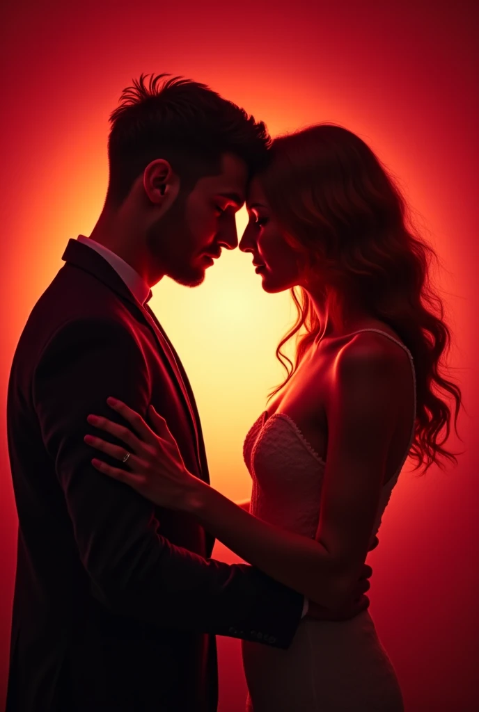 art guy and girl standing opposite each other. a guy pulls a girl by her pendant with his hand, which is located on her neck. their faces are not visible, silhouettes. Close plan. red background.