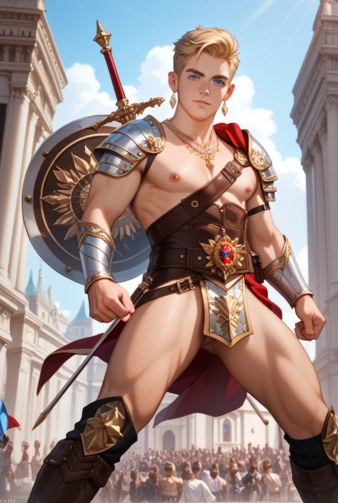 best quality, masterpiece, rugged bara man, bronzed tan skin, (bleeding cuts and bruises), wearing ancient roman gladiator armor, visible penis line, grabs crotch, seductive pose, shy smile, in dark dungeon, best view, perfect fingers, no watermark, no logo, no signature