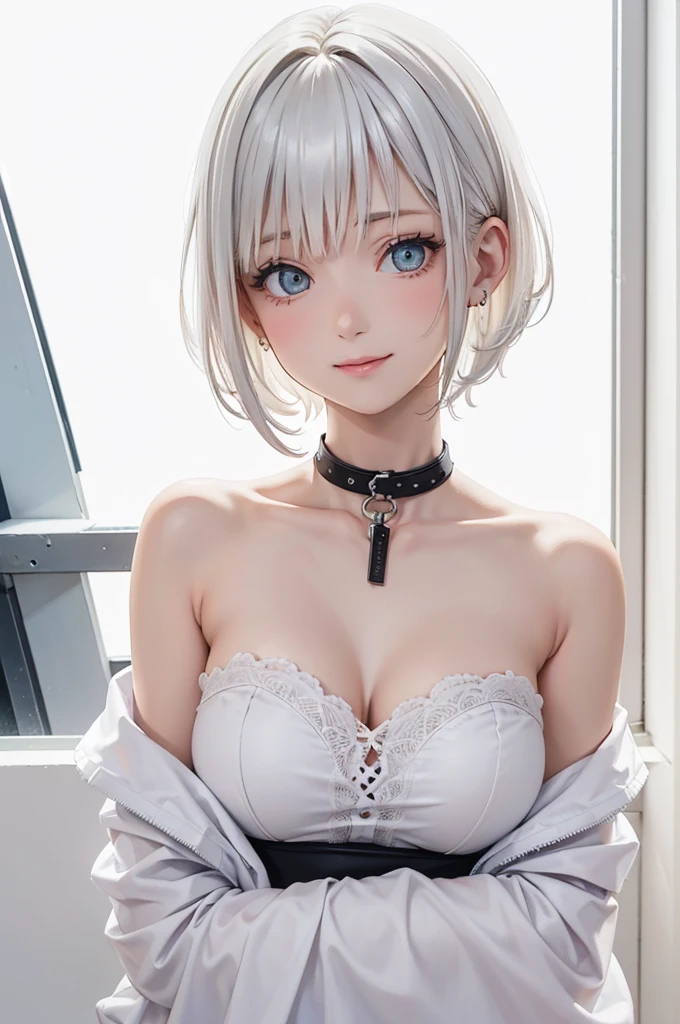 masutepiece high-level image quality Top image quality 8K adult lady(Soio) Portrait White Long Gloves((blanche)(Long gloves)) white panty hose((blanche)) cocktail dress((Tube Top)blanche)) Wolf ears shorth hair((short-cut)(White hair)(perm)(fluffly)) Eye color is blue Crying face((tears)(Troubled face))View here The collar has a leash drawn to the lead stroll Background with(In the street)
