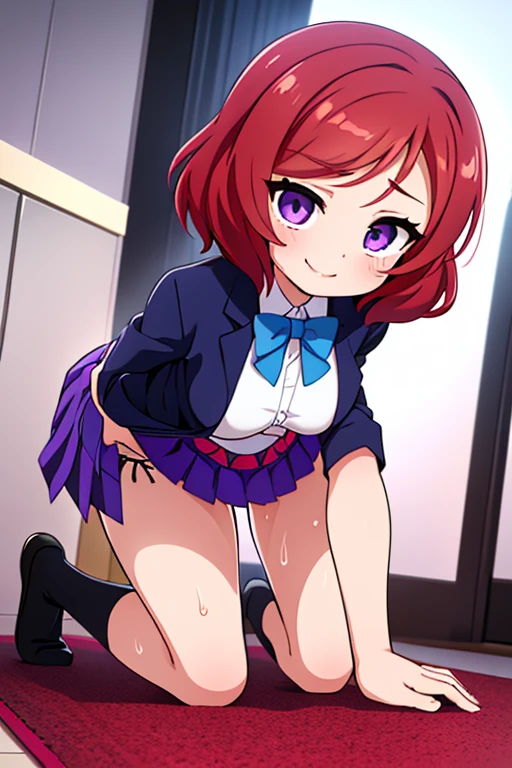 Maki Nishikino、One Girl, Five Fingers, mini skirt, Looking down at the viewer,, Highest quality, Focus on the thighs, Dynamic pose, smile, blazer, blouse, Black Pantyhose, panties under pantyhose, Standing Split, Stylish pose,My thighs and groin are steamy 、Crowd