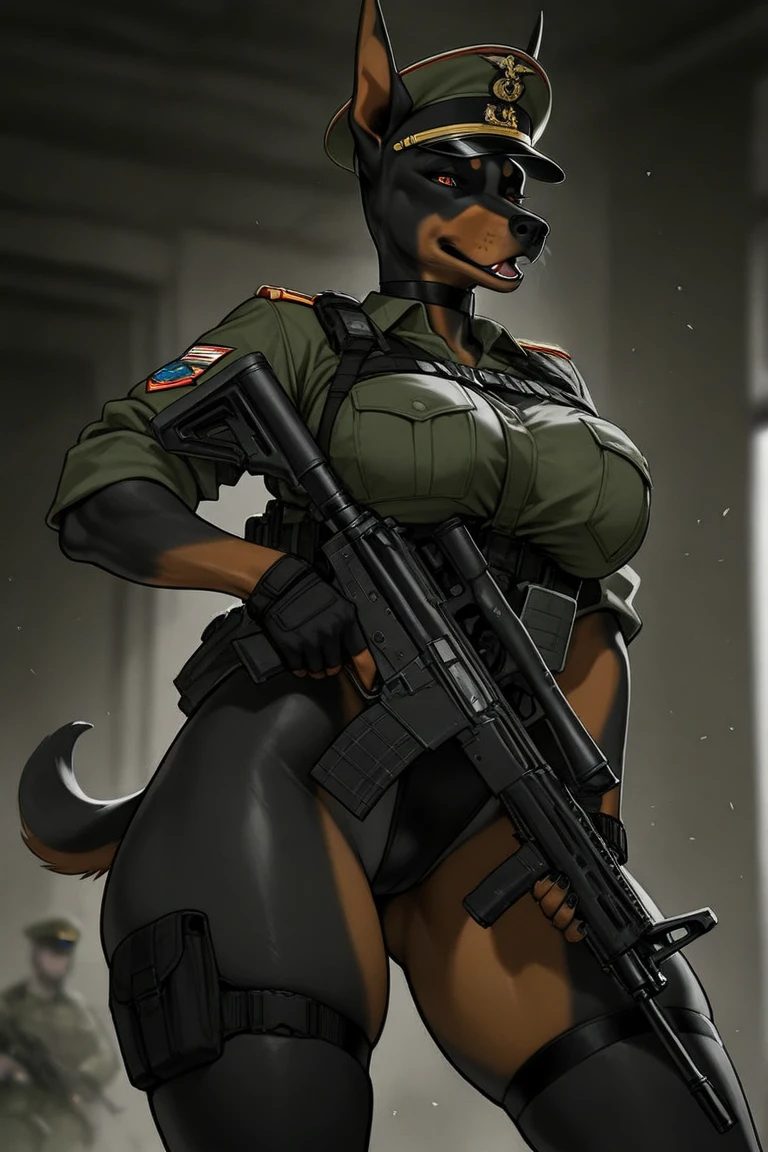 solo, 1girl, fox, female, broad shoulders, stocky build, buff, muscular, huge breasts, gold eyes, highly detailed eyes, long snout, Amazon, powerful figure, wearing camouflage_uniform, (urban uniform:1.2), military camp, pistol holster, rolled sleeves, shirt, trousers, cleavage, standing upright, combat boots, full body, smiling, friendly, looking at viewer, realistic lighting, by darkgem, by wfa, by gideon,