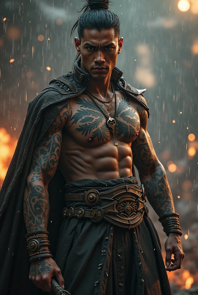 tall young man, with scars all over his body, wearing pants and no shirt