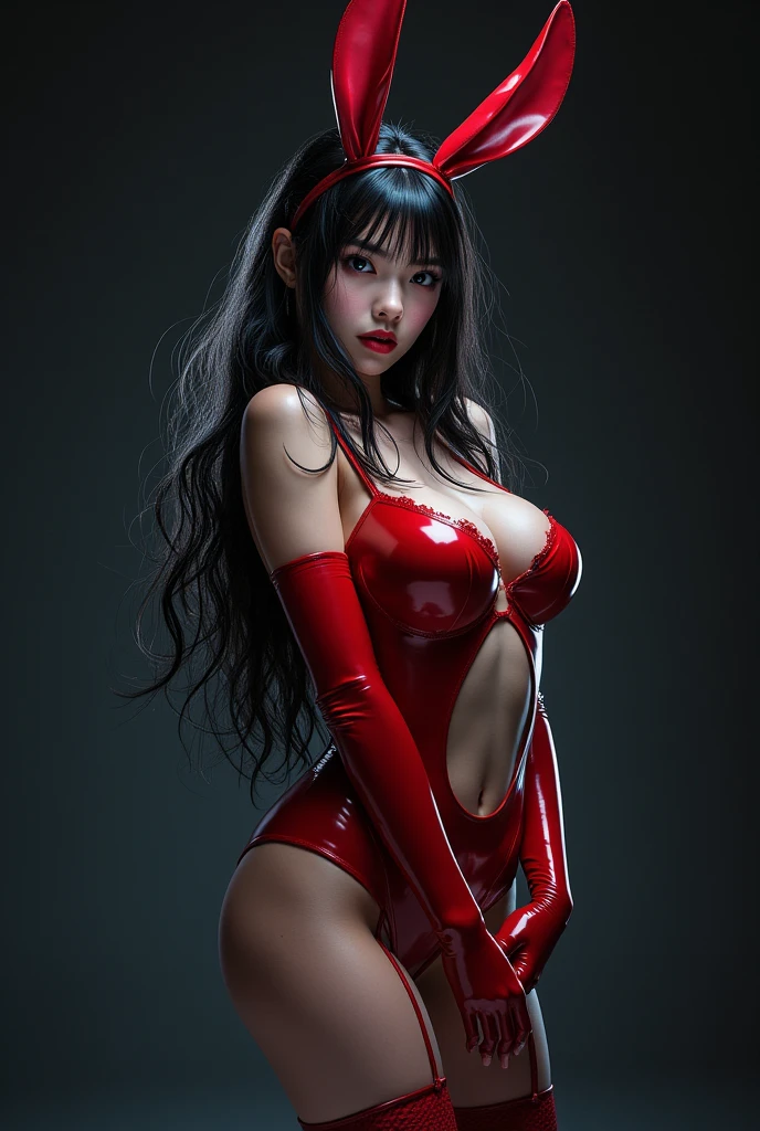 complete shiny aerobic black and red latex bodysuit, big round breasts, Glossy swimsuit with reflective surfaces.、Cuerpo mojado goteando:1.2)、(FOTO DE CUERPO COMPLETO)