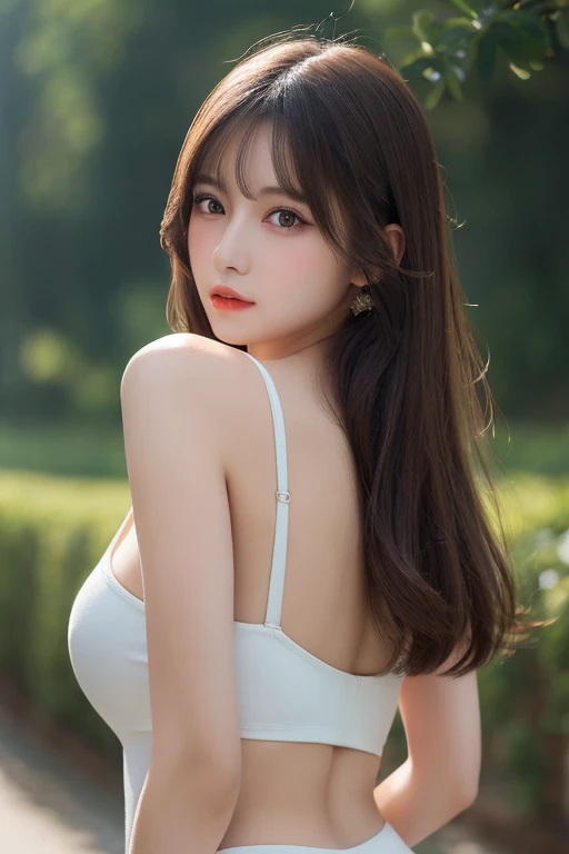 (Best Quality), (Ultra-detailed), (Illustration), (Detailed light), (extremely delicate and beautiful), 1young girls, Brown hair, Brown eyes, modeled, bare shoulders、breastsout:1.2), Best Quality, extremely detailed CG unified 8k wallpaper, High-definition color, Professional, (((Bokeh))), depth of fields, Twilight, Sunset,