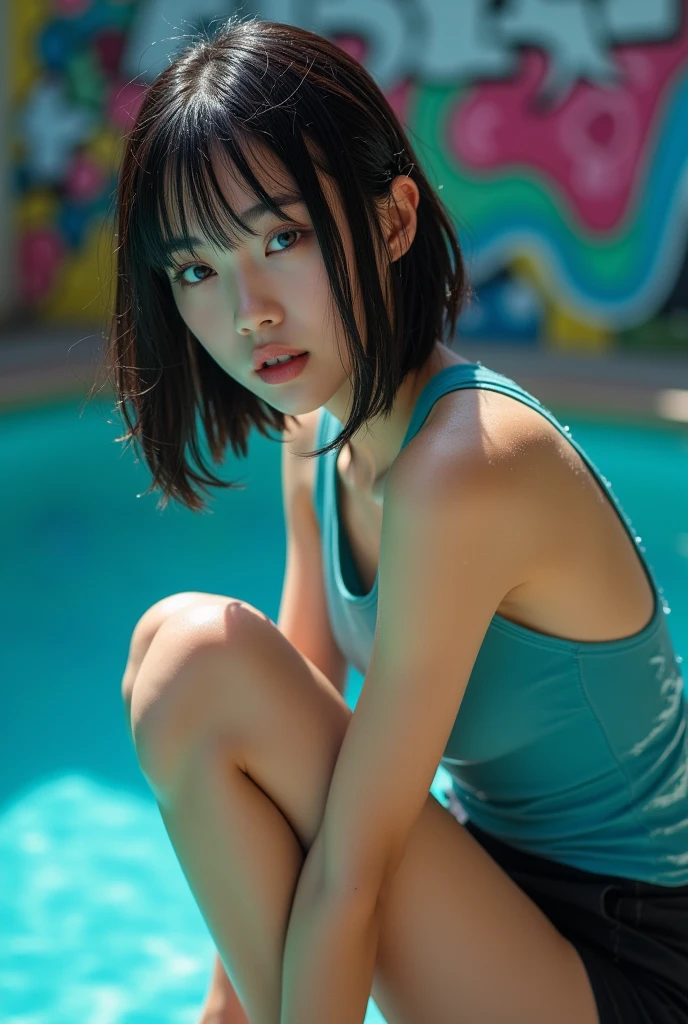cute girl, pretty face, 12 years old, Beautiful black hair, close eyes, flat chest, small build, minimum, No muscles, white skin, White tank top, Black sports bra, Black Underwear, indoor heated swimming pool