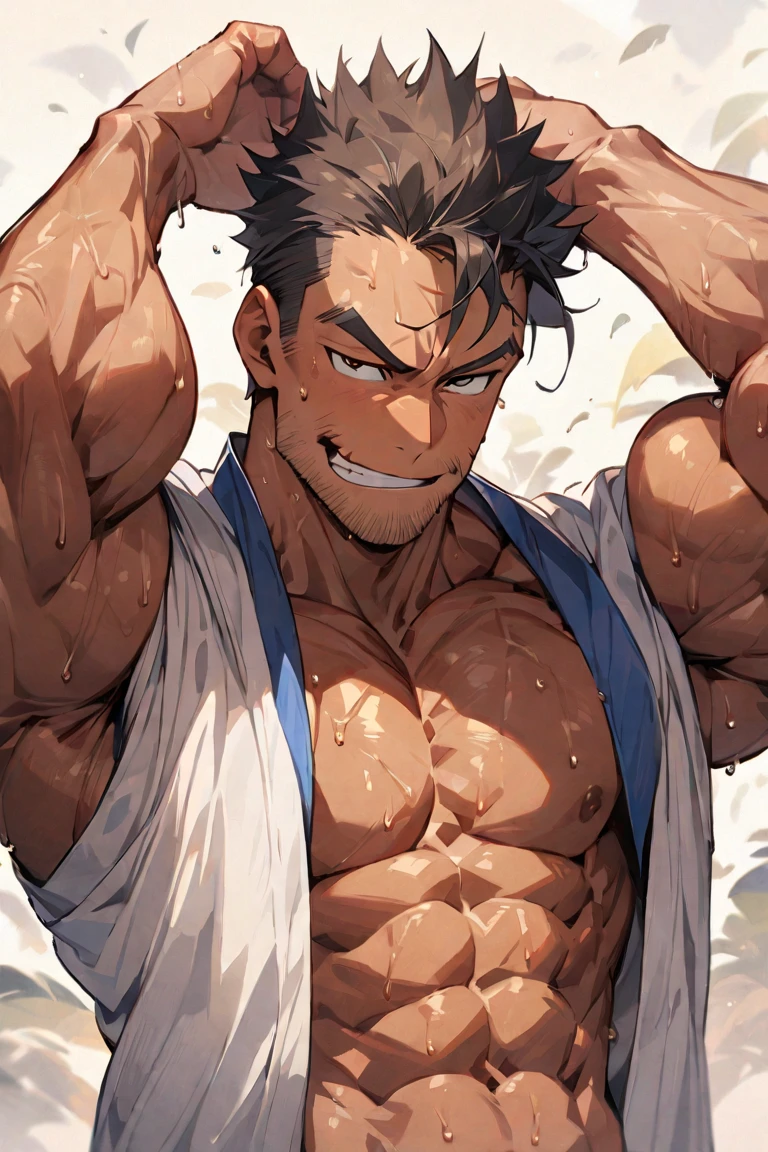 Showing off his muscular muscular back, red skin, bright red skin, the boy blushed shyly , rosy skin, shiny skin(muscular thigh muscles )( anime style, art) (photo angle from bottom up) (photo angle from the ground upwards) [Anime photo][highest quality photo][4k,HD photo quality ] wear tight and short loincloths , bulging loincloths, torn loincloths, wet loincloths, ancient, dirty loinclothuscular thigh muscles, firm thigh muscles, muscular thigh muscles, sinewy thigh muscles, giant thigh muscles, strong leg muscles, muscular hamstring leg muscles)(thigh muscles bulging as if about to explode, muscular, calloused, sinewy, giant) , Rudeus Greyrat,fun, happy, huge body, muscular and muscular, bodybuilder, bodybuilding, standing, lots of sweat flowing down, topless, shirtless, hot sunny, 8 pack abs , short hair , green eyes,  Raise your arms high to reveal your armpits, Hands behind the head. Below view.