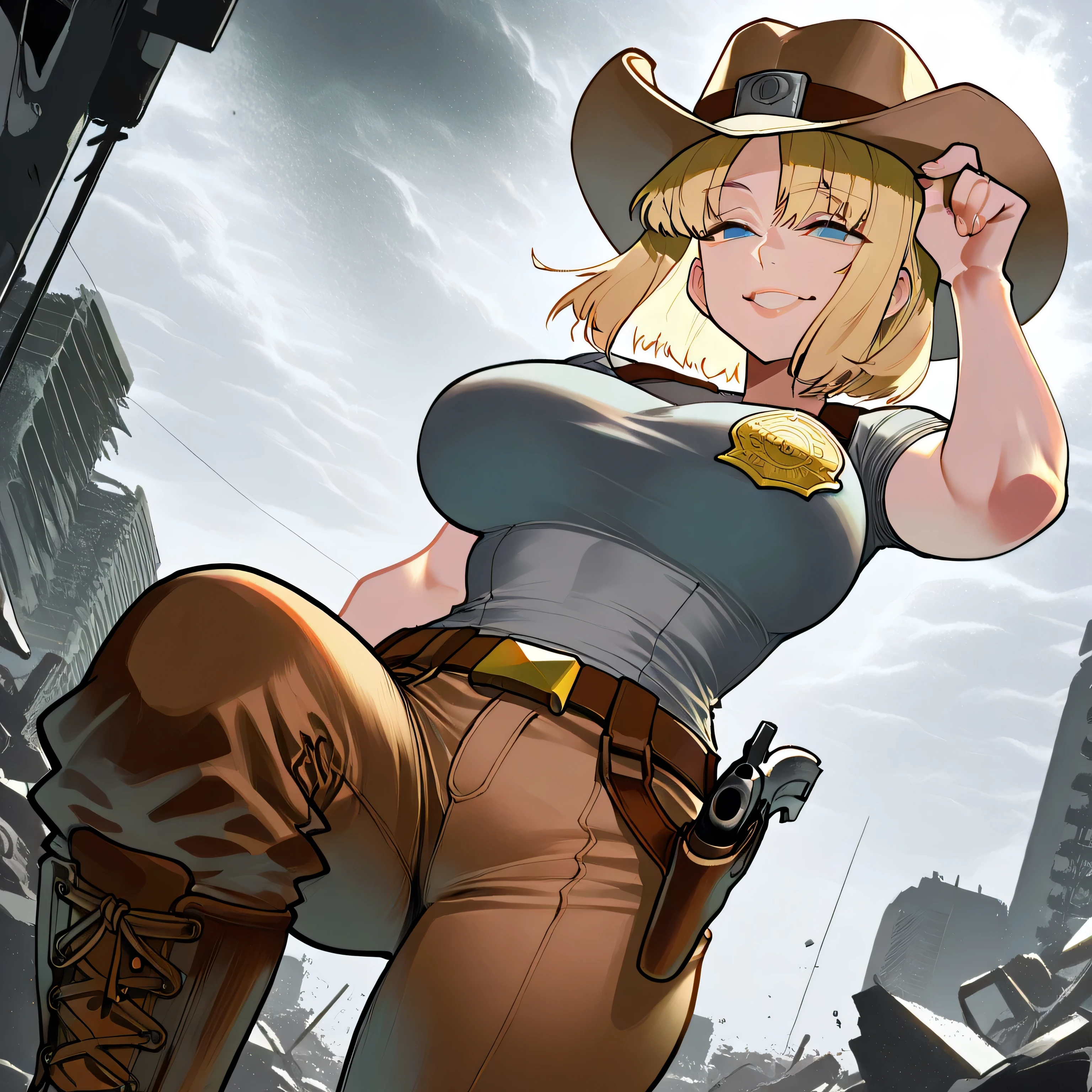 Mature woman, blonde, blue eyes, voluptuous body, large breasts, confident smile, gray t-shirt with the collar turned up, an attached police badge on the left breast, black cowboy pants, brown leather boots, a white baggy cowboy hat with a thin brown band and a brown leather belt with a yellow buckle and holster, poses with her right hand lowering her hat until it covers her eyes, left hand with a revolver pointing forward, frontal or head-on angle, destroyed city background, gray lighting and cloudy sky, high quality, best quality, Iriedono, High quality artwork, masterpiece, perfect artwork, cinematic lighting and shading, 16k, 1080P, uploaded to e621.