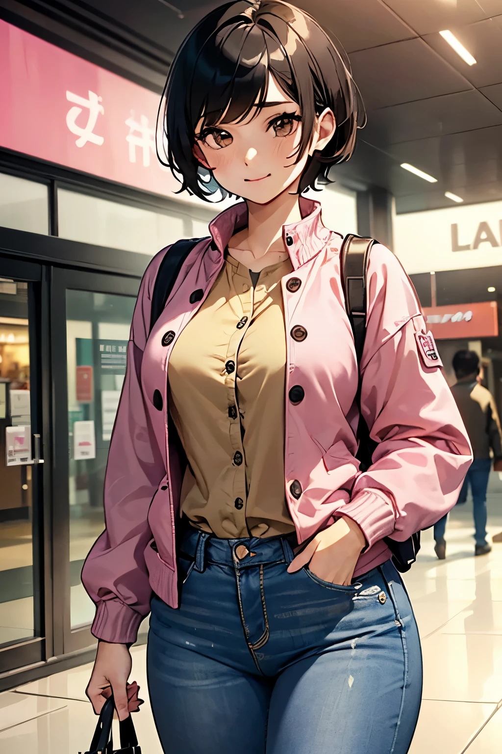 (extremely details CG, Unity, 8K Wallpapers), (extremely delicate and beautiful), (​masterpiece), (top-quality:1.0), (超A high resolution:1.0), ((perfect proportion shot:1.0)), beautiful vibrant lighting, realistic shadow, [high resolution], round cute face, round brown eyes, cheerful brow, shy expression, smiling, ((black hair)), ((very short pixie hair)), ((side swept bangs)), (((medium breasts size))), slender body shape, shopping mall, bags, (((inner casual khaki button shirt))), (((outer cute pink sweatshirt jacket))) (((long jeans))), ((waist up shot))