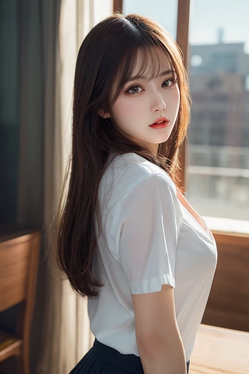 (8k, RAW photos, top quality, masterpiece: 1.2), (realistic, photorealistic: 1.37), (High Quality), (Ultra realistic), (High Details), (Face detail), (Shadow Detail), ((gigantic huge bresat : 1.5)), solo, 1 girl, brown hair, long hair, white shirt, pink lips, eyeshadow, eyeliner, make-up, smile