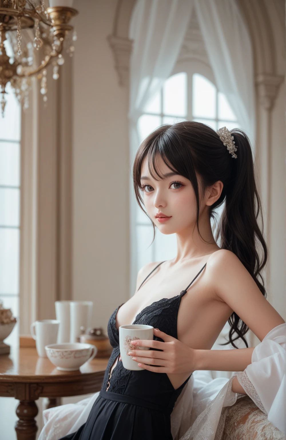 masutepiece, Best Quality, depth of fields, Girl in a very detailed hottie in the foreground, full-body view, wreath, Afternoon Tea Cafe, Ultra-detailed, Illustration, Detailed light, Beautiful detailed eyes, Sharp Focus, long eyelashes, Moonlight, watercolor paiting, kawaii, Slit pupils, Glitter Hair, hair, Floating hair, Long hair, Other Cafe Backgrounds, Sharp Focus, Glossy lips, Forehead, brow, From Side, Glossy skin, backlighthigh-quality, hight resolution