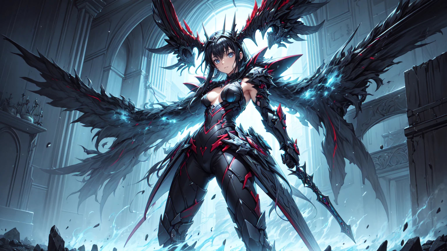最high quality、best image quality、masterpiece、android girl((18-year-old、 By becoming、vest bust、medium bust,wide open breast tea、red glowing eyes, water hair、messy hair、long hair、thin,highest valley、Blue robot body、Shiny red body、Close ~ eyes、attack、Show the whole body、robot arm、robot feet、villain、evil smile、bad smile、laugh loudly、villain pose、Black robot wings,sharp nails、prick々New body parts、With a big sword、floating in the air、Robot Tail、turn around、emphasize the buttocks、shoot a beam)),high quality、beautiful art、background((cyber world))、Flight、debris flies、Depth of written boundary、movie、visual art、perfect art、8K,genuine、