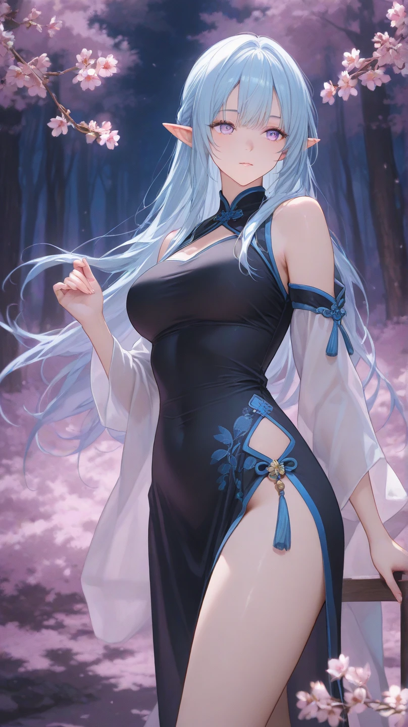 The whole body is covered with blue liquid,exposing her chest,Blue liquid,Beautuful Women,high-heels,blacksilk,Purple eye,are standing,Raised sexy,Cocked buttocks,Long-legged beauty,Thin leg,Mucus gets into the butt