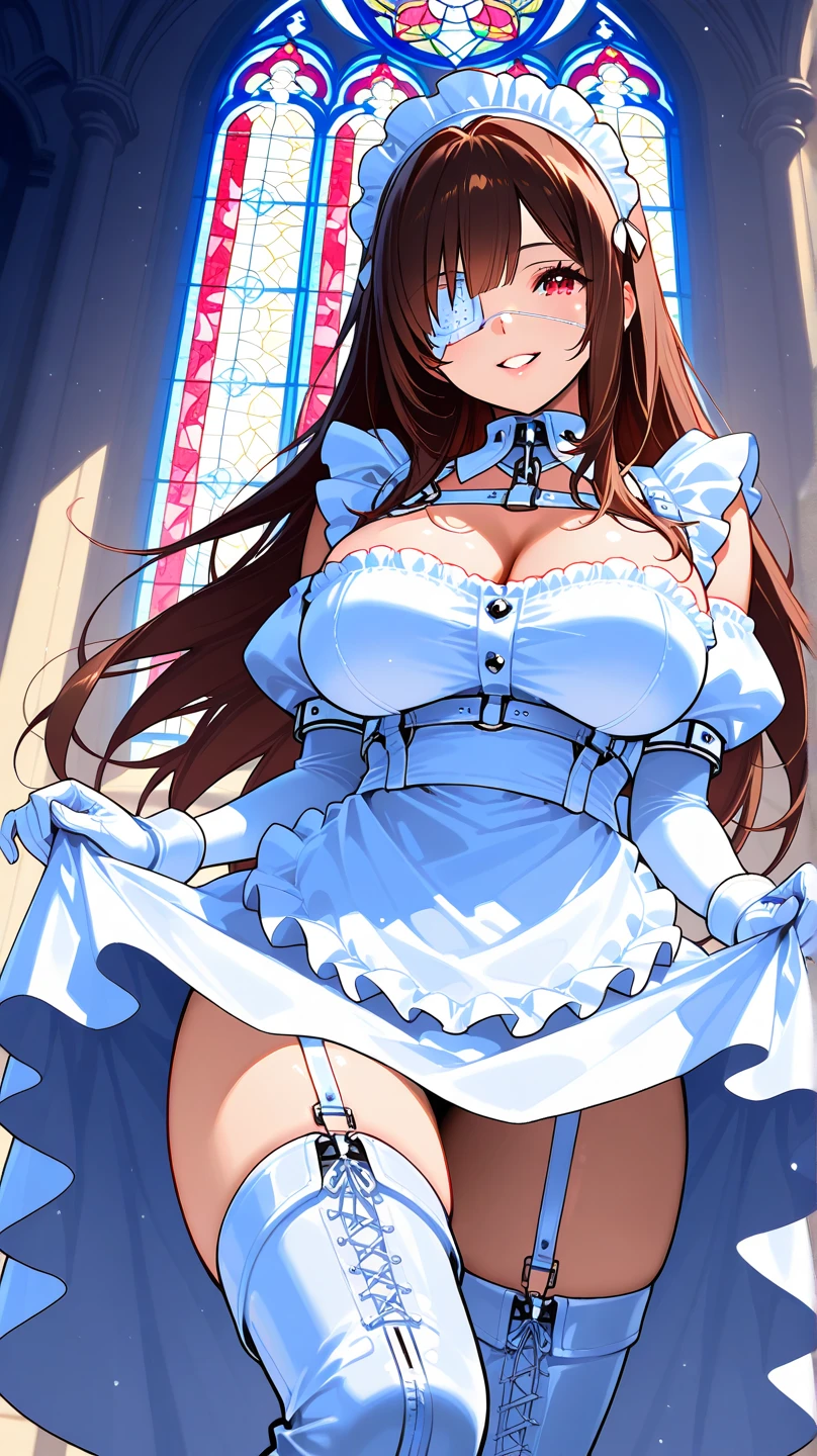 from below, high image, super detail, high resolution, anime, manga, illustration, super very beautiful woman, baby face, make up, ecstatic expression, amorous expression, seductive look, glossy flowing layered messy light brown wavy medium hair, sparkling big blue eyes, alluring moist red lips, large breasts, under boob, side boob, great proportion, perfect proportion, slender, full body, skirt lift, lace light blue panty, lace white long dress, white fluttering long skirt, black knee high socks, thighs, garter belt, lingerie