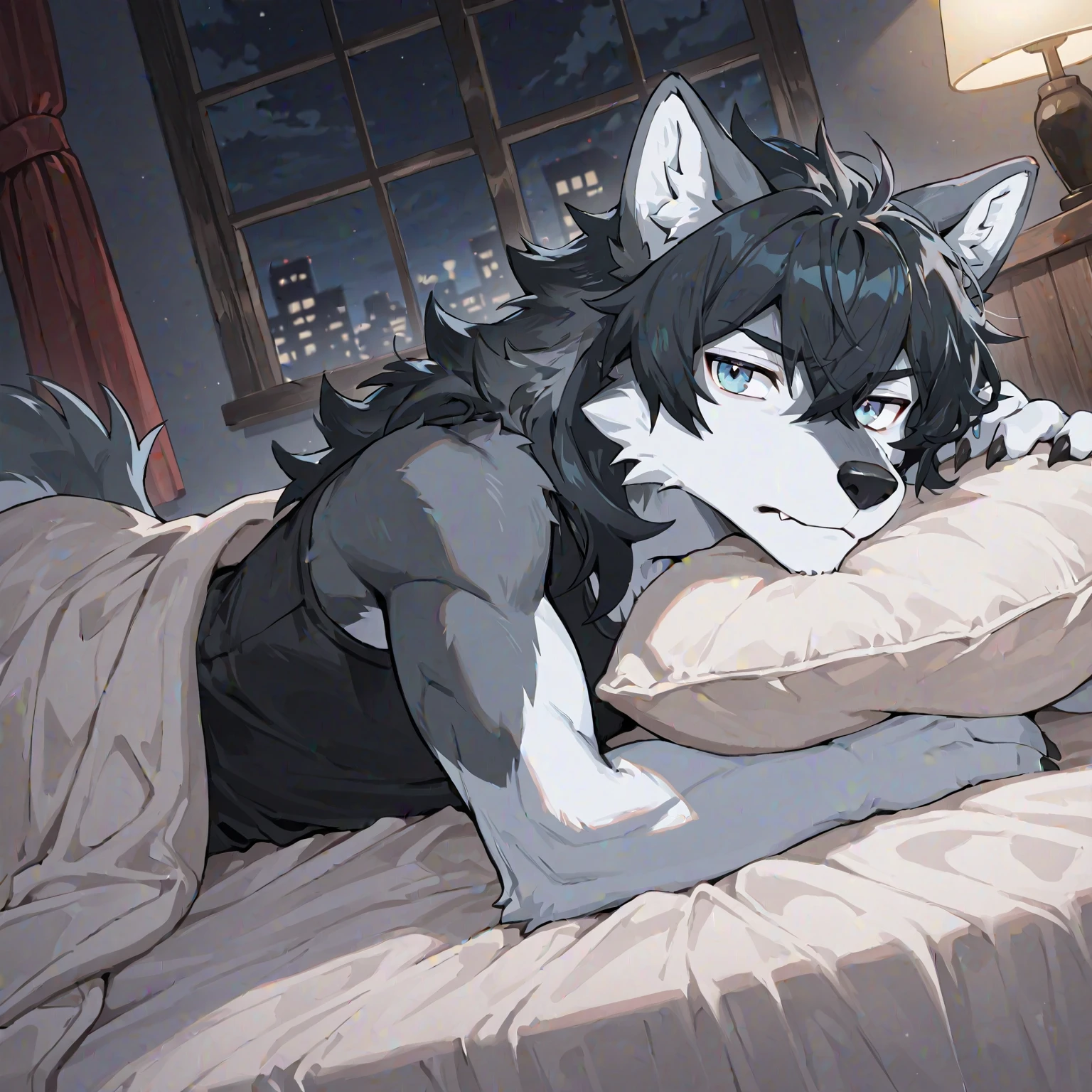 wolf,nudity,serious expression,wolf꼬리,serious expression,penis,shame,Precom,bed,Anal fisting