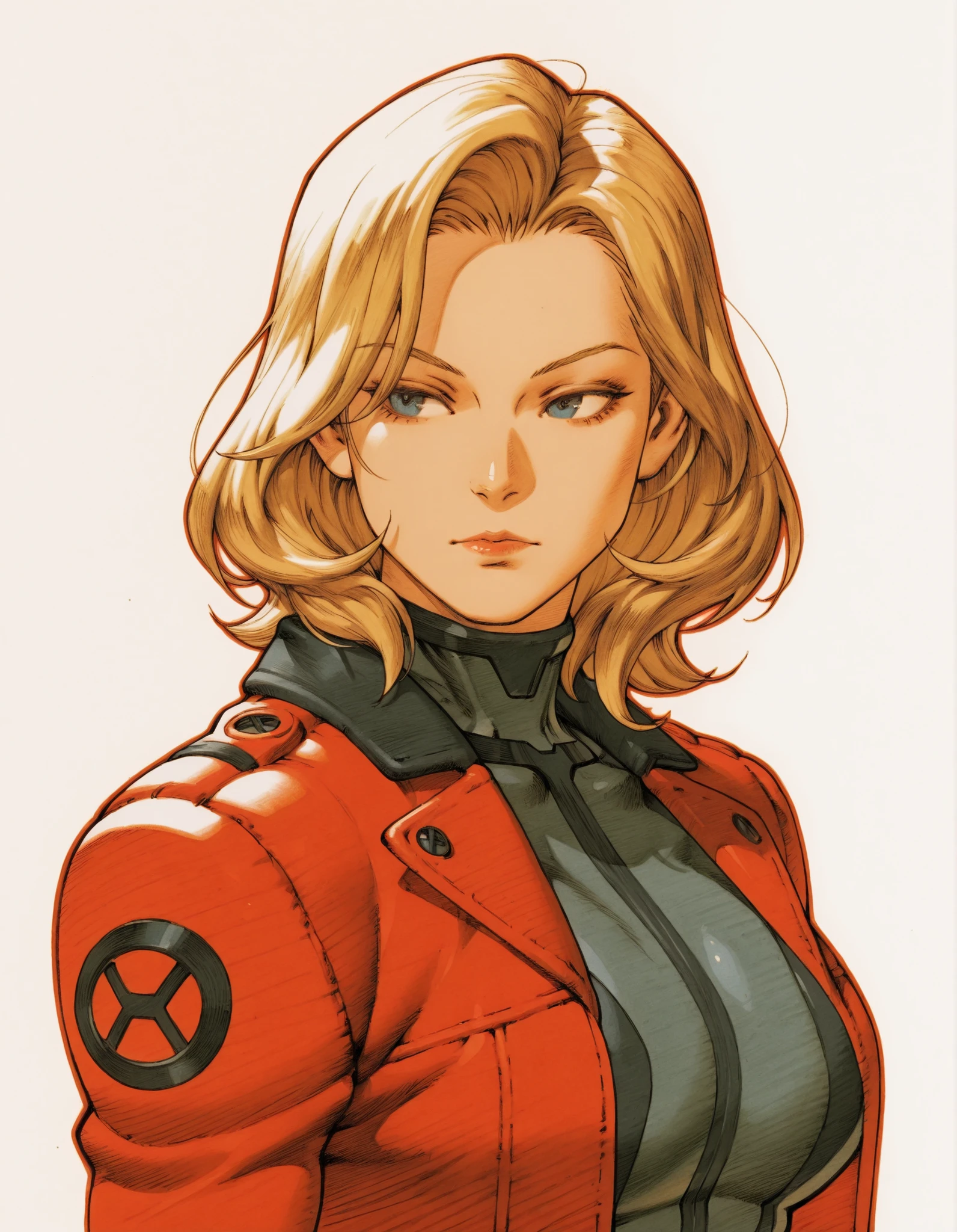 BengusXL,traditional media, 1girl, medium hair, blonde hair, grey and black g-suit, red jacket, long sleeves,,jacket over body suit, portrait, upper body, three quarter view, three-quarter view, mature female,solo, white background, simple background, red outline, blue eyes,