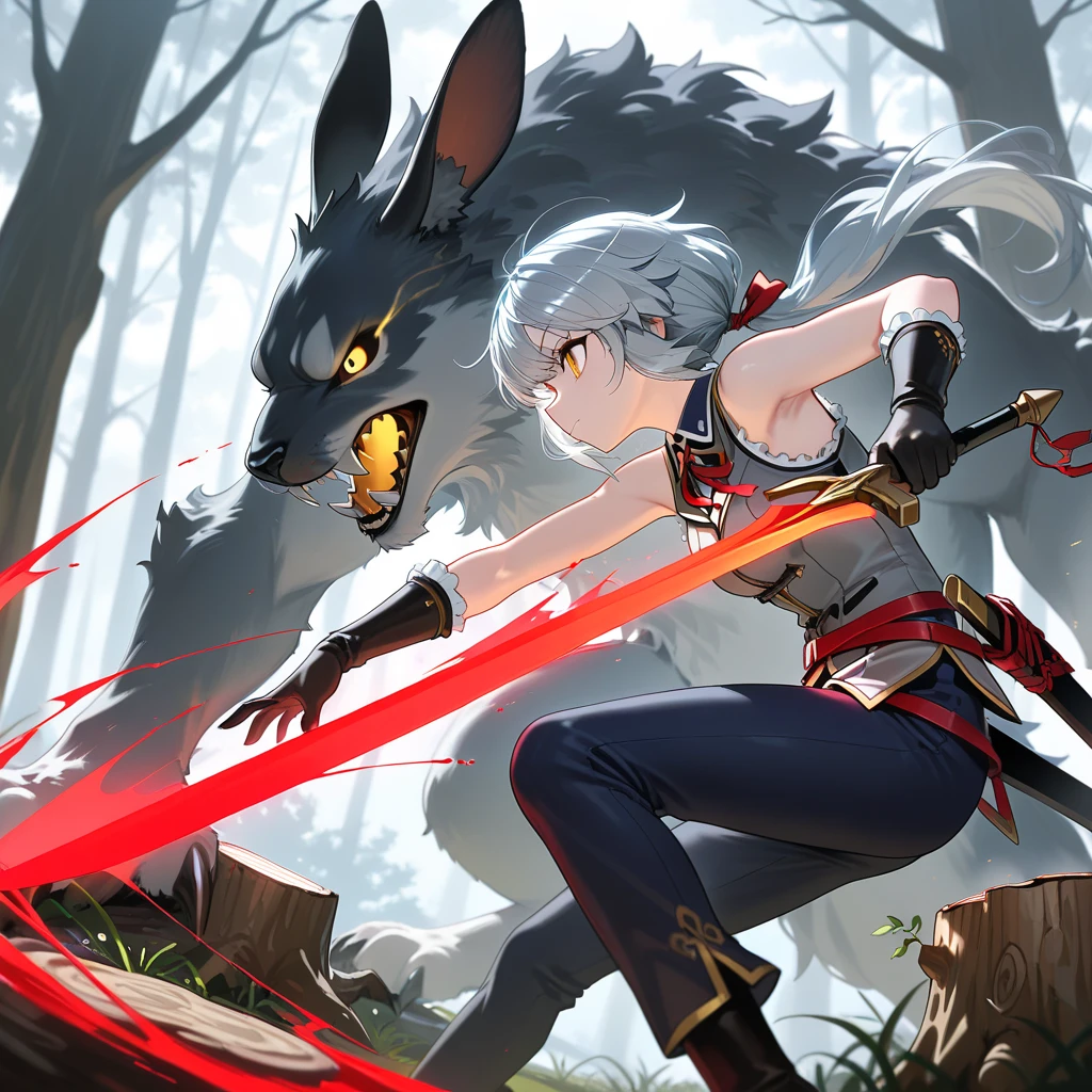 Silver robot wolf,It was tied up and hung on a tree