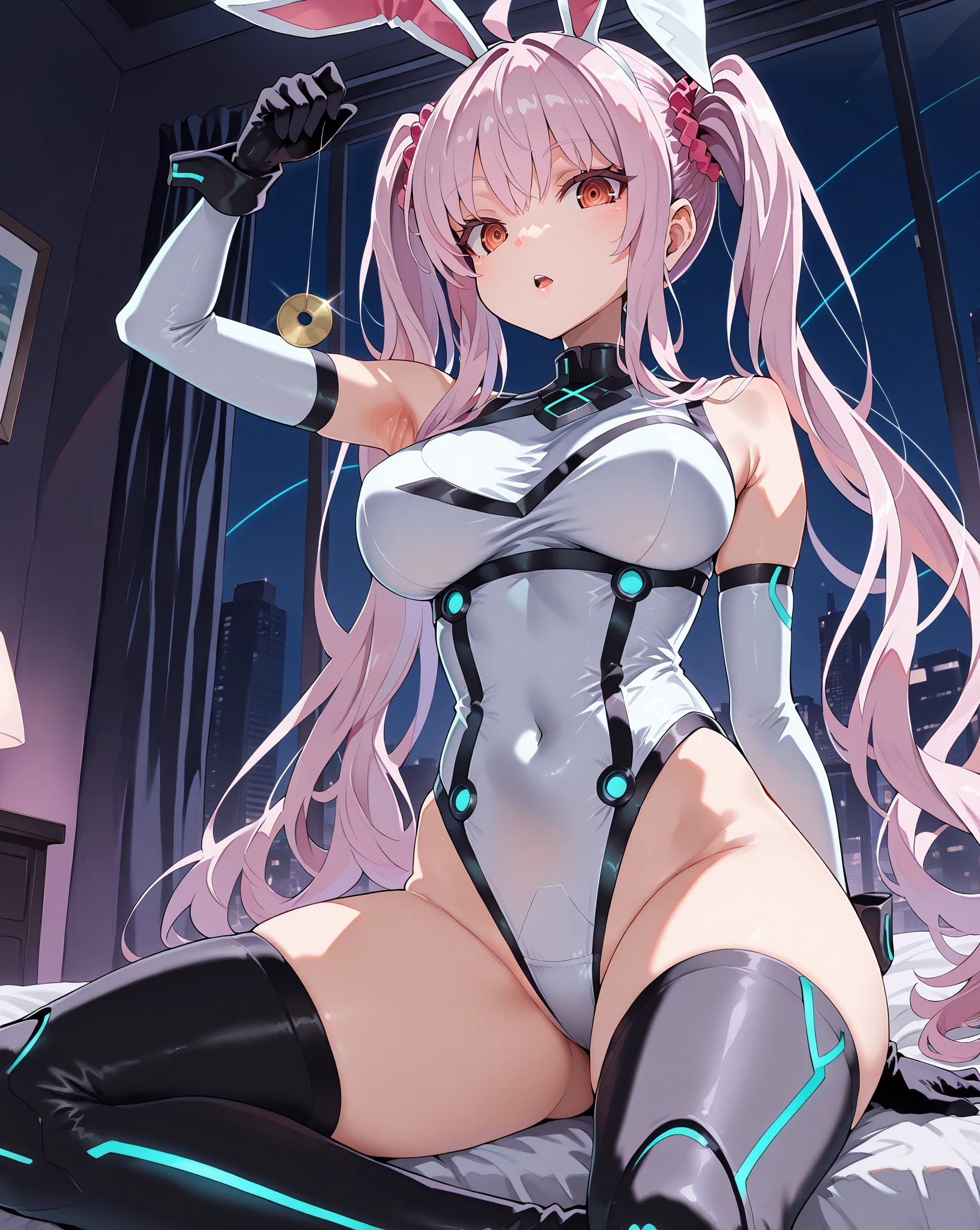 (Highest quality), (High resolution), (masterpiece), (Very detailed), One Girl, Cowboy Shot, One Girl,silver wolf\(Collapse Star Rail\), Grey Eyes, Grey Hair, Long Hair, Vertical roll ponytail, One Girl, Medium chest , Silky skin, Glowing Skin,(Black rubber suit, High leg, No sleeve, Thigh-high socks, Detachable sleeves), Front view, (Bright saturation), Love juice drips from between her legs, brainwashing, visor, wire,clavicle, Eyes glowing purple,Absurd, brainwashinging,Hollow Eyes, Fallen into evil,Sexual,Raped by a machine, Spread your legs
