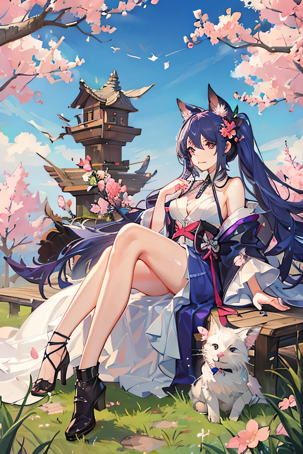 One Girl, Fox Girl, Nine-Tailed Fox,Fox Ears, Black colored hair, Fox Makeup, Kimono with open chest, Body size is 100-70-90!, Nice body, Avatar, face, Open chest, lewd face, Dominant representation, naughty face, Big Breasts, Emphasize cleavage,Show bare skin, Skin is visible, With legs apart, Show off your thighs, M-shaped legs, A beautifully patterned kimono,Red and black flowing water pattern kimono, I can see her cleavage, Muscular, Uplifting, Abdominal muscles, Exposed skin, Long Hair, Skin Texture, Soft breasts, Large Breasts, Standing in a grassy field, outside, Blue sky,Composition facing directly ahead, Grab your breasts with both hands, Fingers digging into breasts, Developmental atmosphere, god mysterious painting