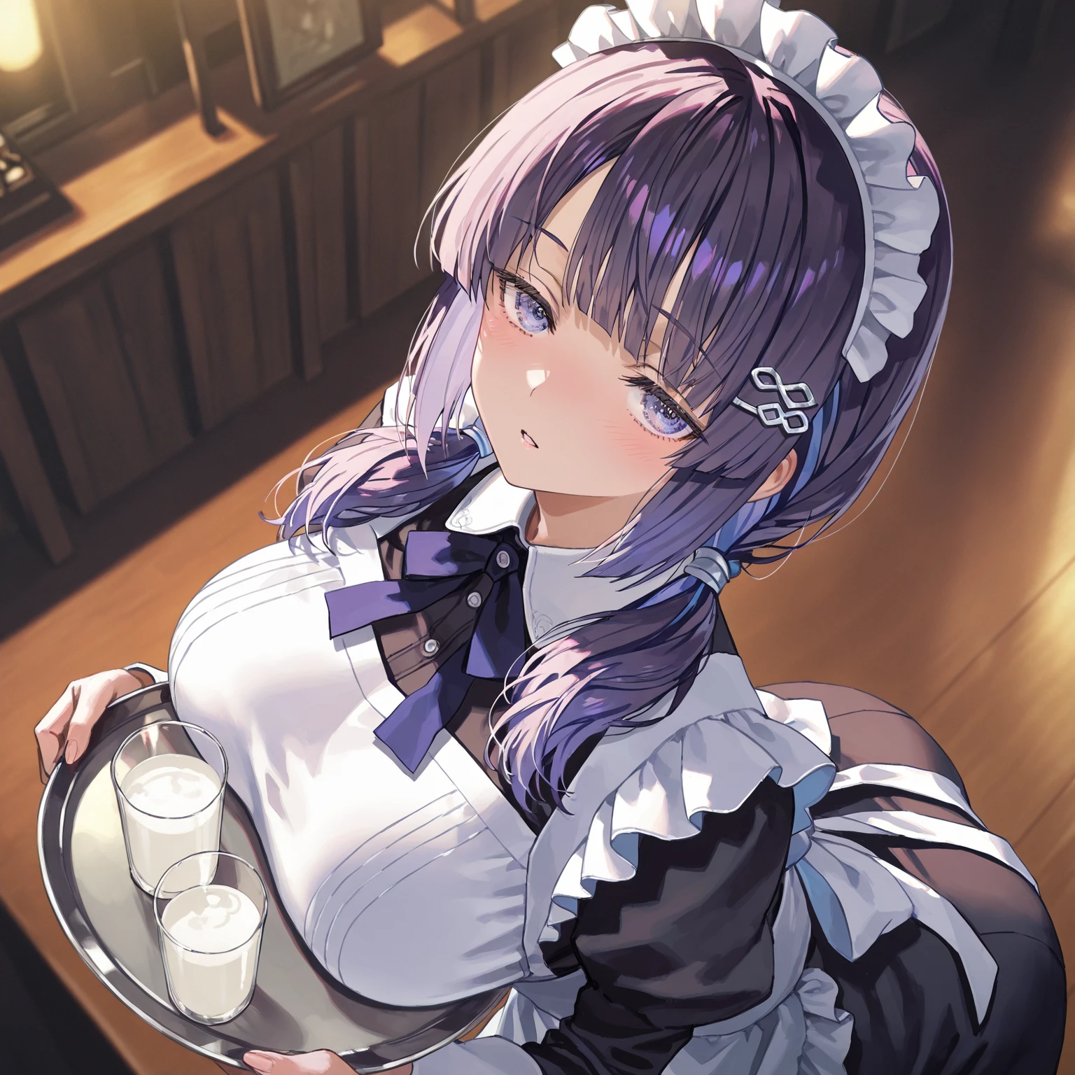 masterpiece, best quality,high resolution, 1girl, bokeh dof, glossy blue eyes, (dark skin:2) ,(Maid clothes:1.5), 1girl , indoor,mansion, Look at viewers, princess cut, cowboy shot, (outer dark brown colored hair, inner bright purple colored hair:1.75),