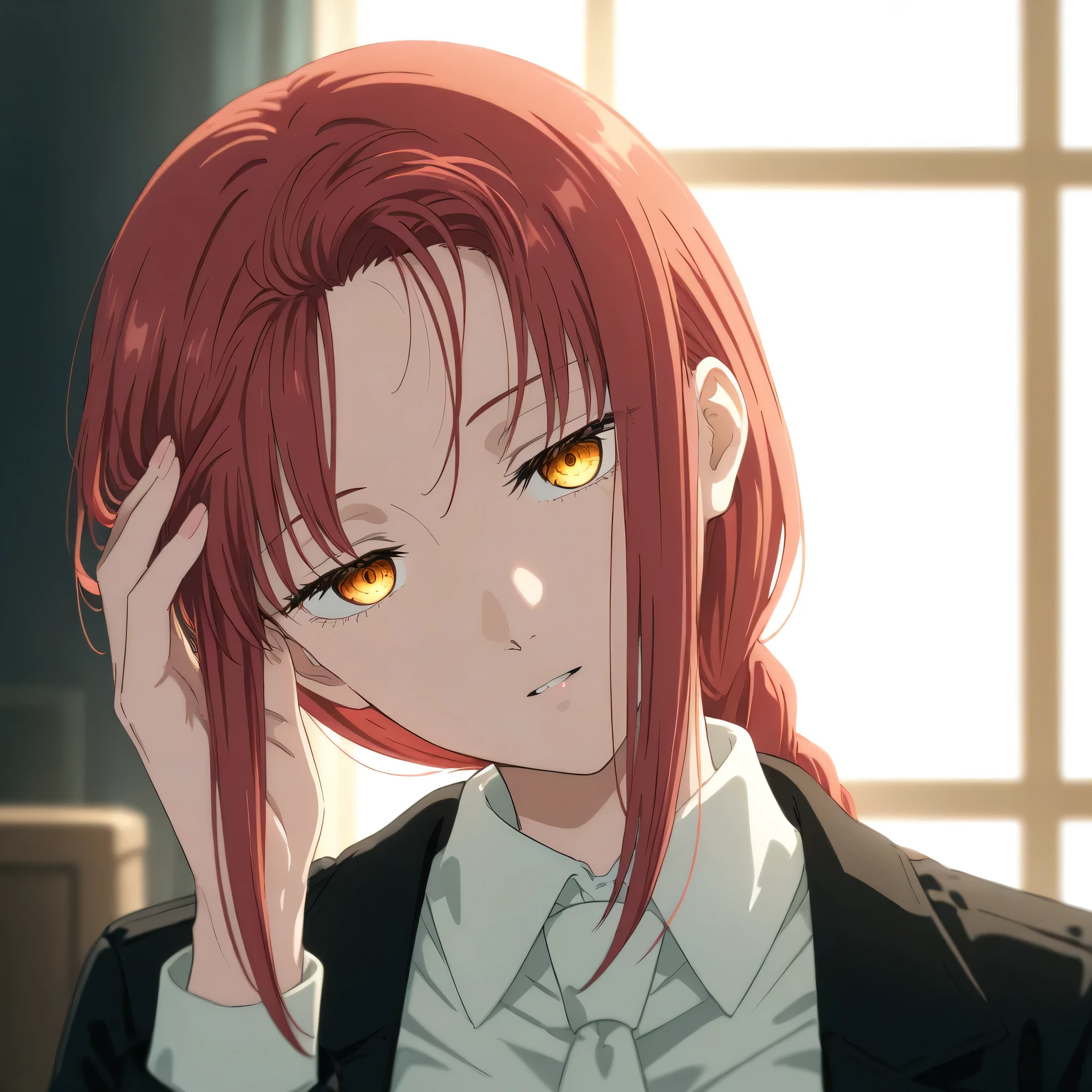 makima, attractive, beautiful, head tilt, hand on hair, showing forehead