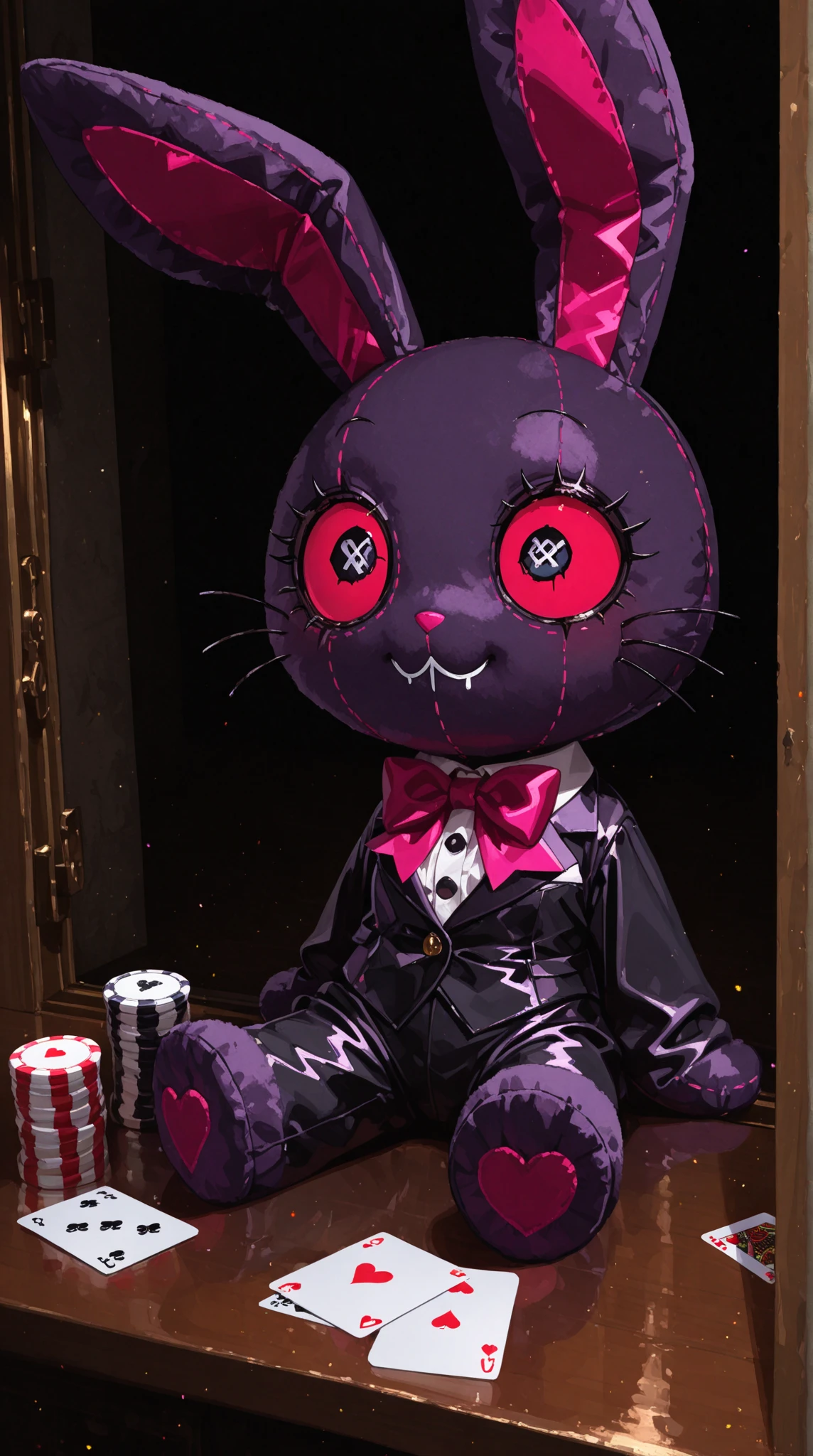 (knitted toy voodoo doll:1.7), (voodoo Joker bunny:1.4), (from Batman:1.4), (Clothing: purple suit with green vest, bow tie:1.0), (Accessories: playing cards, small dagger:1.1), (background: dark and twisted carnival with flickering lights and eerie atmosphere:1.2), best quality, masterpiece, detailed soft oil painting, detailed background, dramatic cinematic lighting, soft edge lighting, professional, dramatic lighting, hard edge lighting, ultra quality, 4k, masterpiece, best quality, 8k, ultra high definition, high resolution, extremely detailed