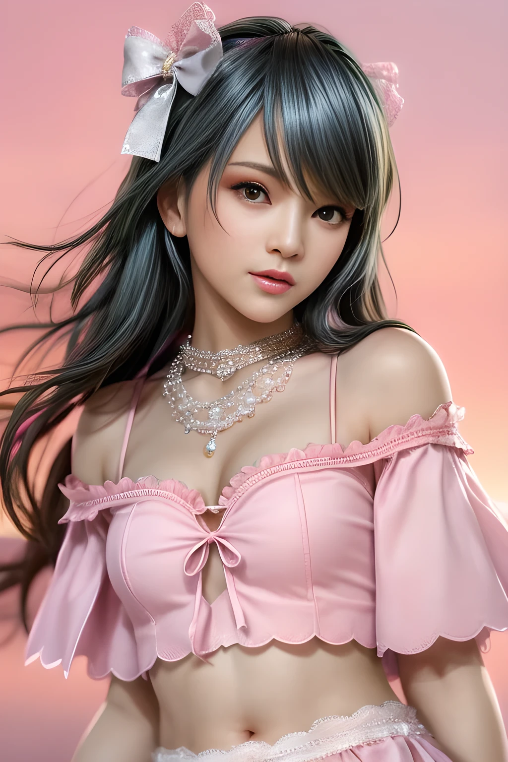 best quality, masterpiece, high resolution, 1 Girl,flirtatious,Seven colored hair,Oily and shiny lips,The transparency of clothes,(Show your shoulders),(chest),detail,(Upper Body),Star-shaped pupil,china hanfu,Hair accessories,necklace, Jewelry,Pretty Face,Above_Body, Tyndall effect,Reality, Dark Studio, Rim Light, Two-tone lighting,(高detail皮肤:1.2), 8K uhd, Digital SLR Camera, Soft lighting, high quality, Volumetric Lighting, frank, photo, high resolution, 4K, 8K, Bokeh