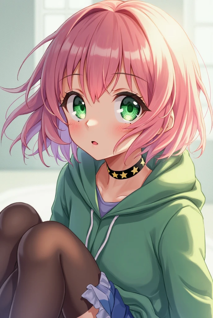 ,beautiful flower々),Mole under the eye, Heart-shaped choker, (masterpiece, highest quality), Official Art, beautifully、aesthetic: 1.2), (1 girl), Very detailed, (Geometry Art: 1.3), colorful、Pink Bob Hair、Frog Hoodie Shirt、mini skirt