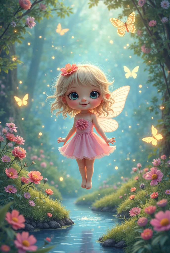 (best quality, 4k, 8k, high resolution, masterpiece: 1.2), ultra-detailed, realistic, little baby fairy standing in the forest, the fairy has fair skin, brown eyes and curly dark brown hair with well-defined curls, delicate fairy wings, wears a pink tulle dress decorated with translucent blue and pink flowers, bright fairy dust, soft and ethereal, intense sunlight, enchanted garden, resplendent dew drops, extravagant expression, fairy magic wand, small floral garland, vibrant green grass, majestic tall trees, gentle breeze, subtle warm tones, sublime lighting